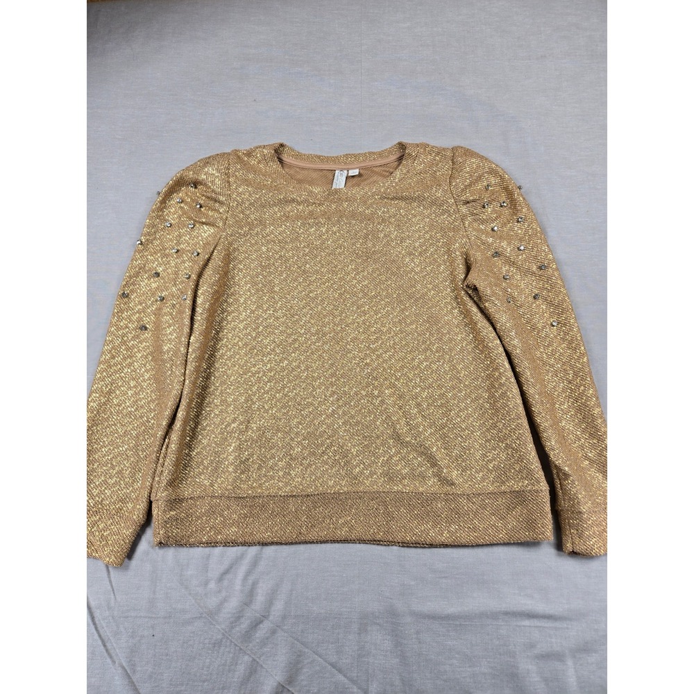 Cato Collection Gold Metallic Rhinestone Puff Shoulder Sweater Large